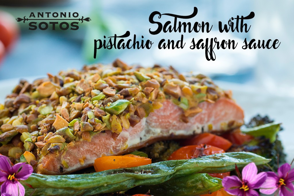 Salmon with pistachio and saffron sauce