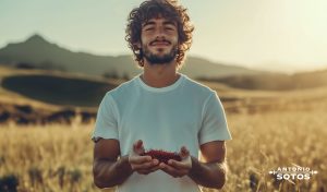 chico en el campo con el azafrán entre las manos pensando los usos del azafrán y como sacarle el máximo potencial