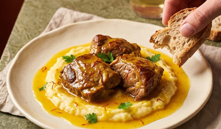 Plato hondo con carrilladas de cerdo guisadas en salsa dorada de vino blanco con hebras de azafrán Antonio Sotos y un toque de perejil fresco.
