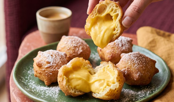Buñuelos de viento dorados espolvoreados con azúcar glas, rellenos de crema pastelera de azafrán Antonio Sotos y chocolate blanco.
